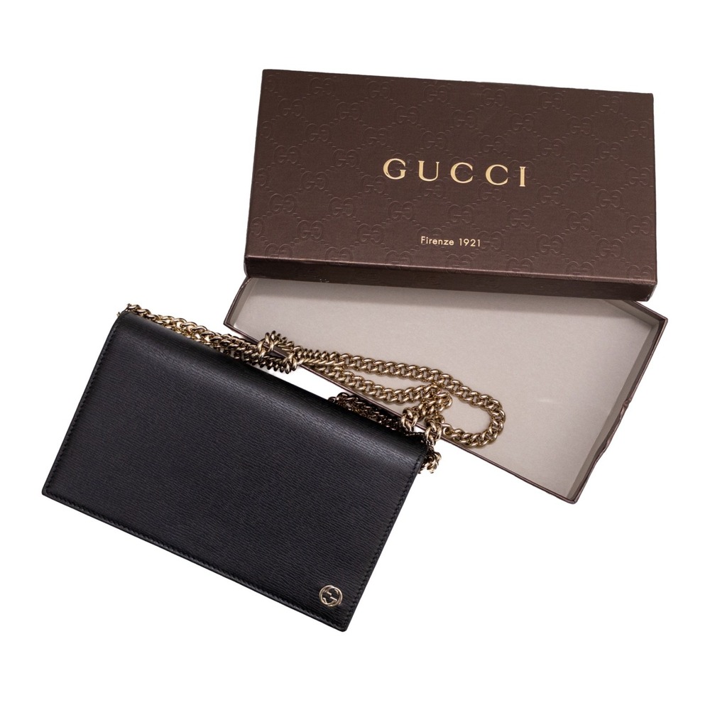 Authentic Gucci Black Leather Betty Chain Wallet Clutch GG Logo‎ Crossbody Purse